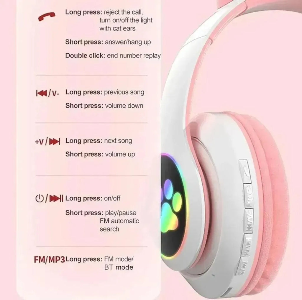 Cat Ear Wireless Bluetooth Headphones with RGB LED Lights & Built-in Mic