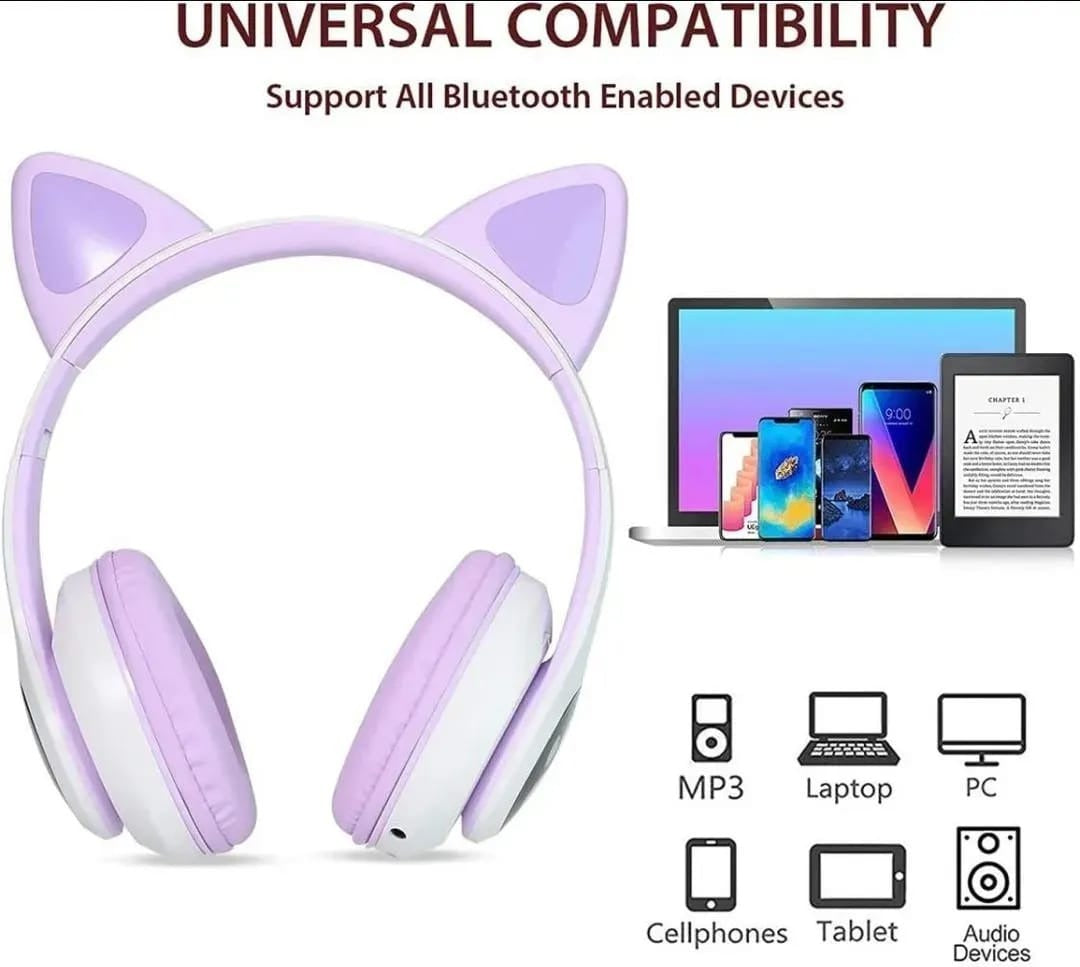 Cat Ear Wireless Bluetooth Headphones with RGB LED Lights & Built-in Mic